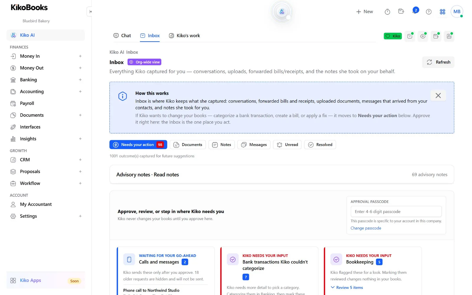 KikoBooks Inbox where the owner approves calls, messages, and bookkeeping changes Kiko prepared