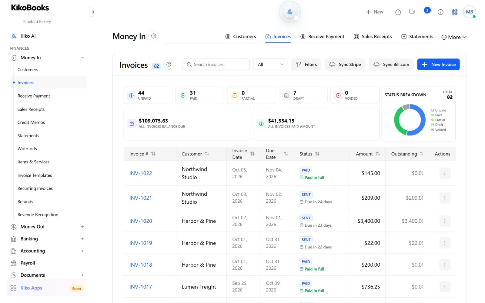 KikoBooks invoice list with paid, unpaid, and draft totals and Stripe and BILL sync